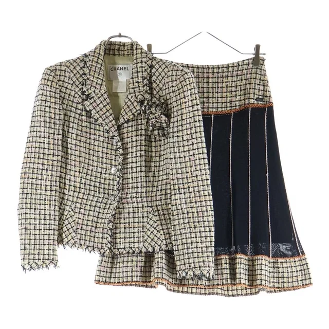 Chanel 03P Set Tweed Check All Over Print with Corsage Tailored Jacket Striped in Tweed from The Reluxe