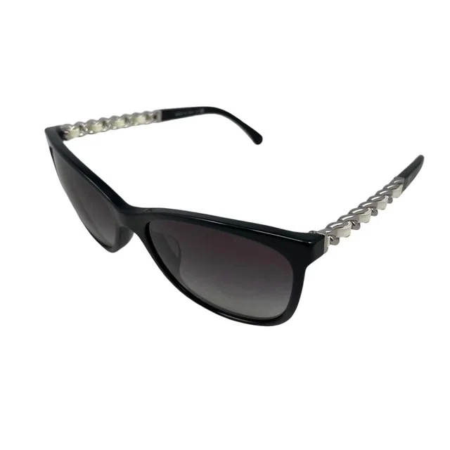 Chanel Sunglasses Chain Motif CC Logo Black White Silver Eyewear in Black from The Reluxe