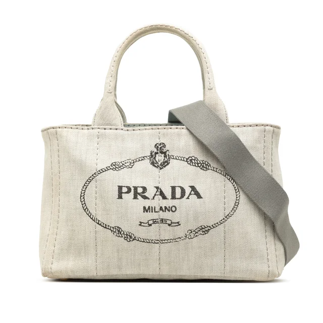 Beige Prada Small Denim Canapa Logo Tote Satchel in Beige Denim from Designer Revival