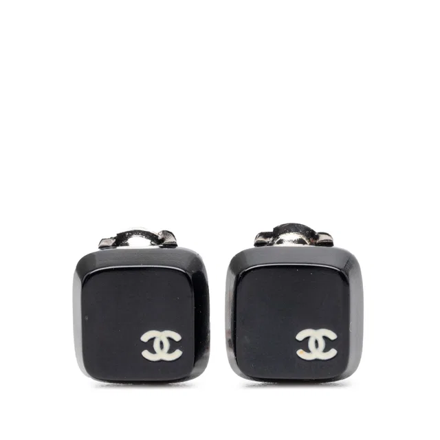 Black Chanel CC Resin Square Clip On Earrings in Black Resin from Designer Revival