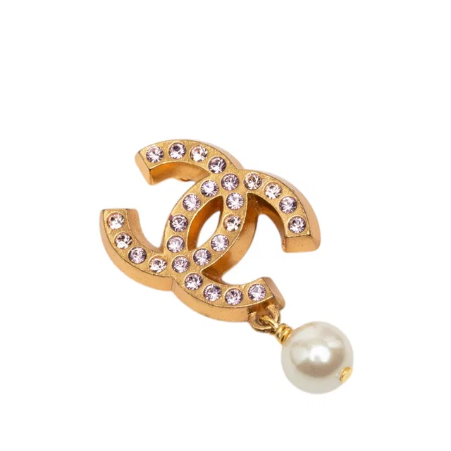 Gold Chanel CC Gold Plated Strass and Faux Pearl Drop Brooch in Gold from Designer Revival