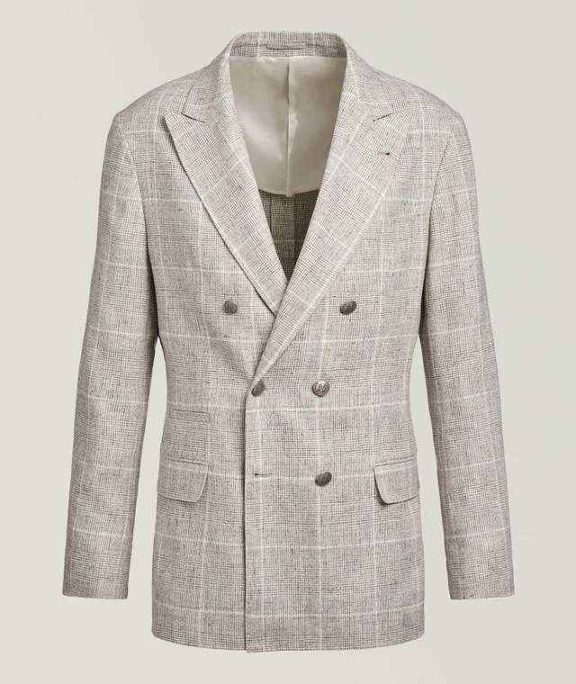 Brunello Cucinelli Plaid Double-Breasted Unlined Sport Jacket in Beige Linen & Linen Blends from Harry Rosen, photo 1 of 1