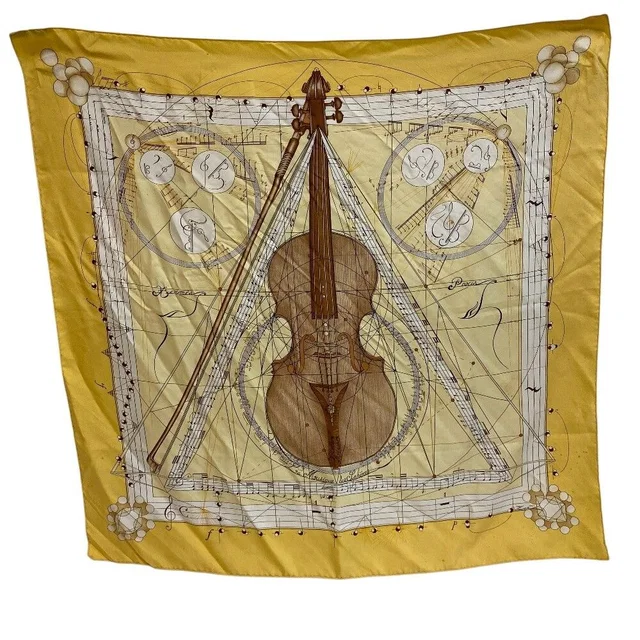 Hermès la Musique Des Spheres Carre 90 Silk Scarf Yellow in Yellow Silk from The Reluxe
