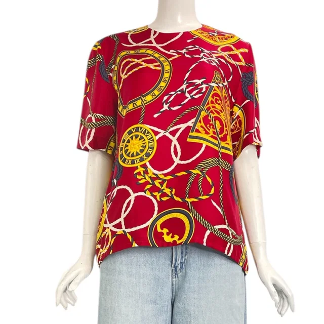 Celine T-Shirt All Over Print Logo Red 42 in Red Silk from The Reluxe