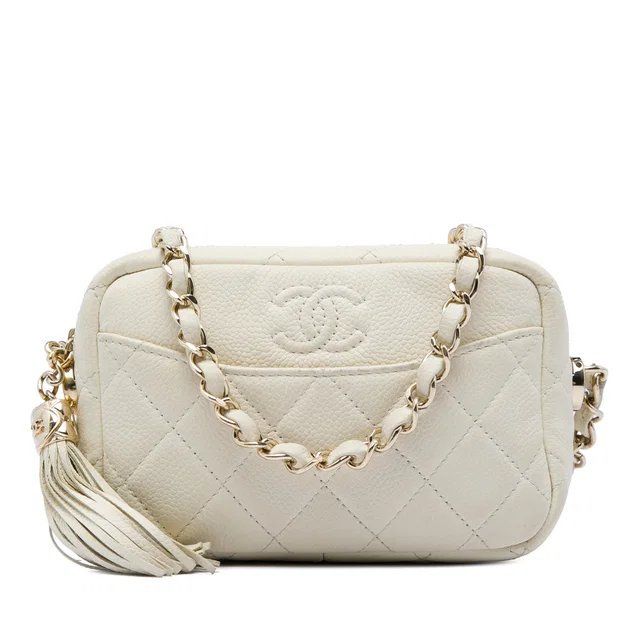 White Chanel Mini Quilted Caviar Coco Tassel Camera Case Crossbody Bag in White Caviar leather from Designer Revival