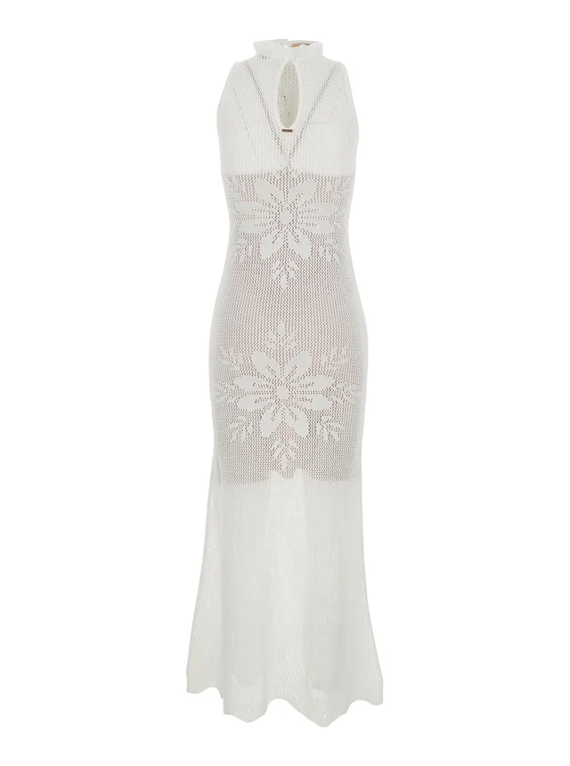 Twinset White Sleeveless Crew Neck Long Dress with Keyhole Closure on the Back and All-Over Floral Embroidery in VIscose Blend for Women in White 65% Viscose 35% Polyamide, photo 4 of 6 from Gaudenzi Boutique