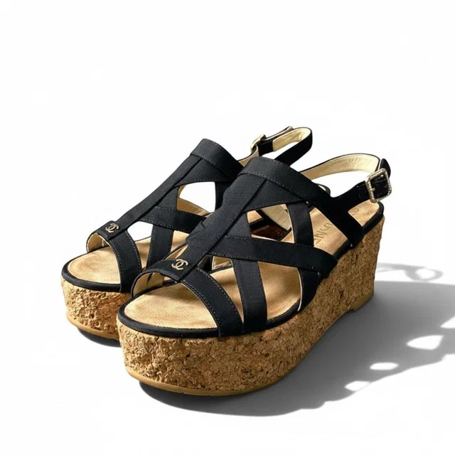Chanel Cork Wedge Sole Sandals CC Logo Navy in Navy from The Reluxe