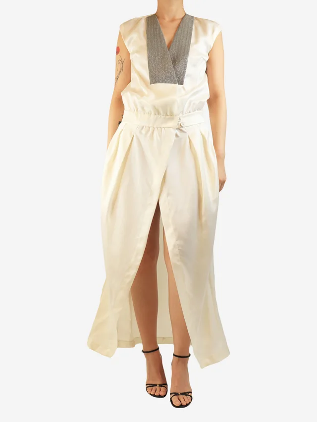 Brunello Cucinelli Cream v-neck monili maxi dress - size S in White Silk from Sign of the Times