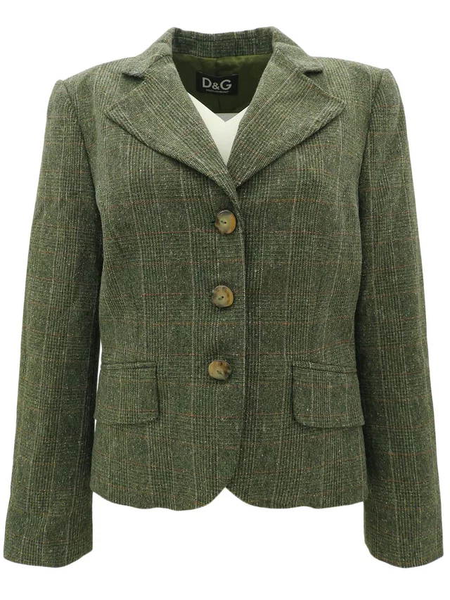 Dolce & Gabbana Check Pattern Jacket #42 Khaki in Green Wool from VINTAGE QOO TOKYO
