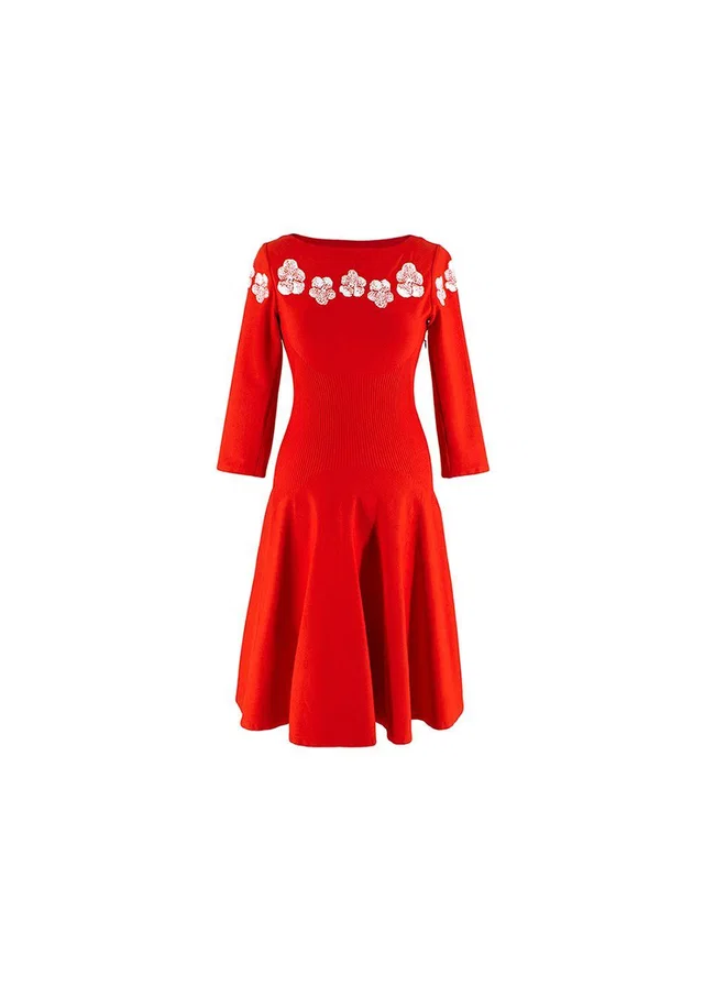 Alaïa Floral Red Stretch Knit Skater Dress in Red from HEWI