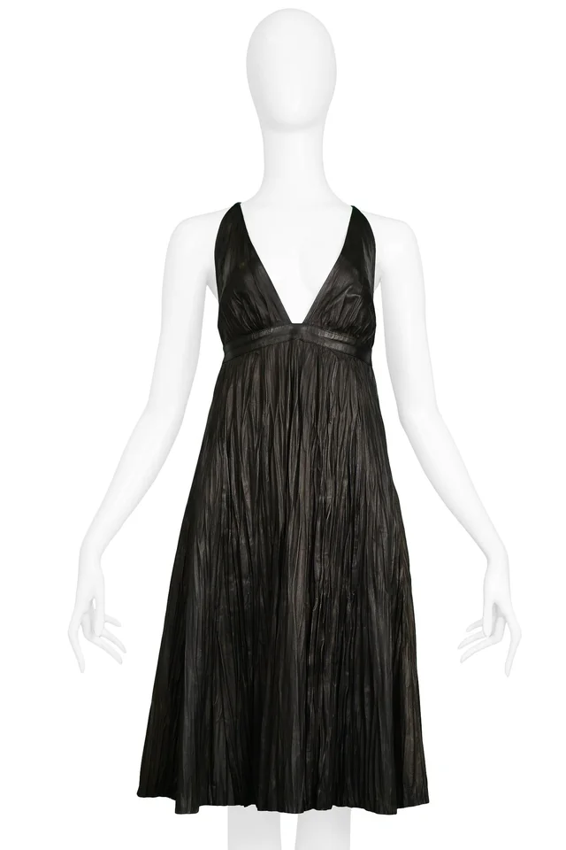 Alexander McQueen Black Leather Fortuny Crinkle Dress 2006 in Black Leather from Resurrection Vintage