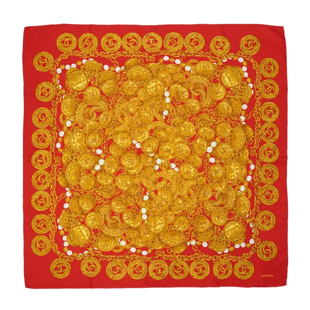 Chanel Vintage Cocomark Chain Pattern Scarf Gold Red Silk in Red Silk from Luxury Promise