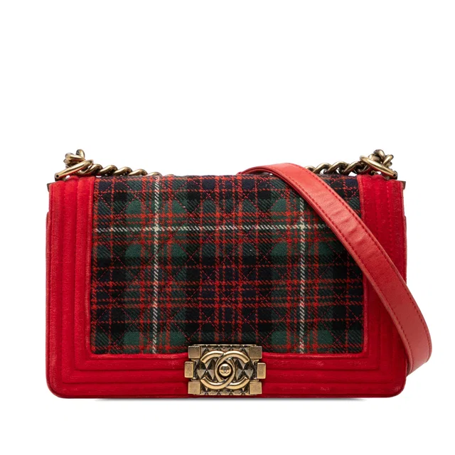 Red Chanel Old Medium Quilted Tweed and Velvet Boy Flap Crossbody Bag in Red Tweed from Designer Revival