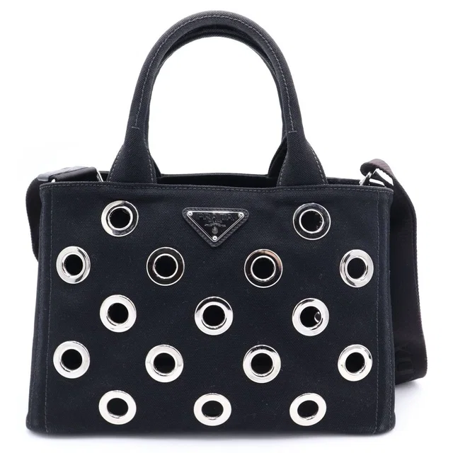 Prada Canapa Perforated 2-Way Shoulder Bag Black Canvas Silver in Black Canvas from The Reluxe