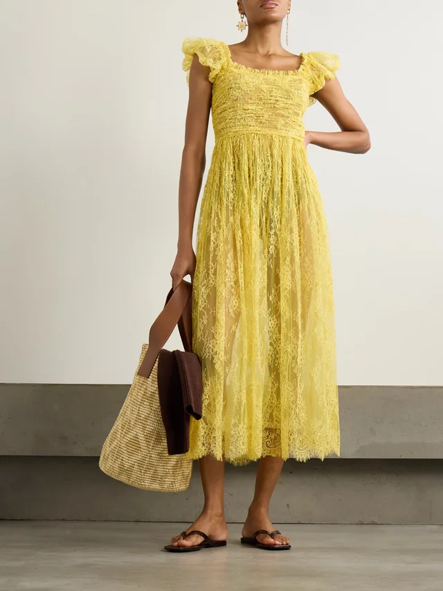 DÔEN Pamelina ruffled shirred lace midi dress in Yellow, photo 2 of 2 from NET-A-PORTER (Canada)