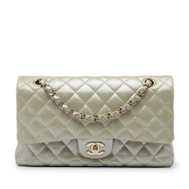 Gold Chanel Medium Classic Iridescent Lambskin Double Flap Shoulder Bag in Gold Lambskin from Designer Revival