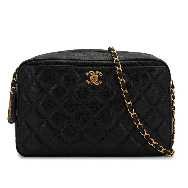 Chanel Vintage Matelasse Camera Chain Shoulder Bag Black Caviar Skin Gold Hardware in Black Caviar leather from Luxury Promise