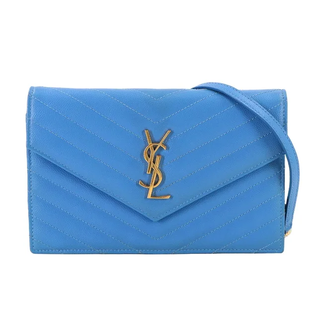 Saint Laurent Cassandra Envelope Chain Wallet Leather Blue Gold Shoulder Bag in Blue Leather from The Reluxe