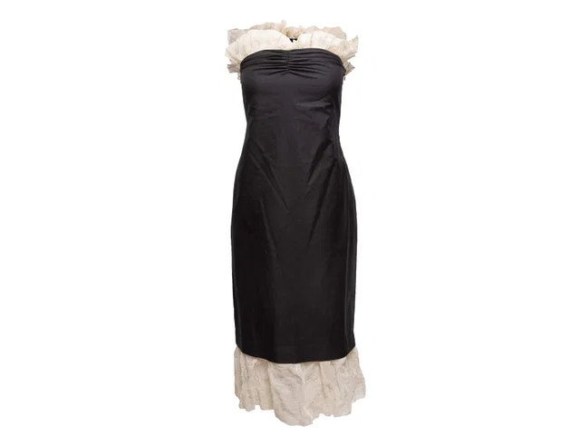 Black & White Khaite Ruffle-Trimmed Strapless Dress Size US 2 in Black from Designer Revival