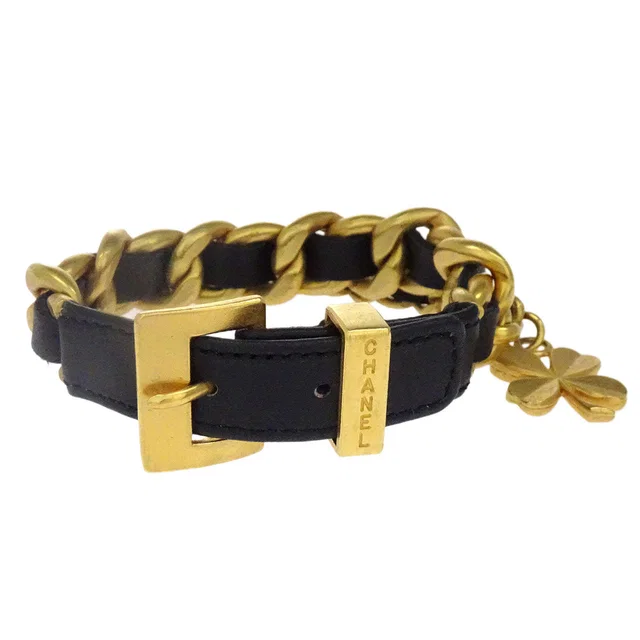 Chanel Clover Bracelet Gold Black 93A in Black Leather from AMORE Vintage Tokyo
