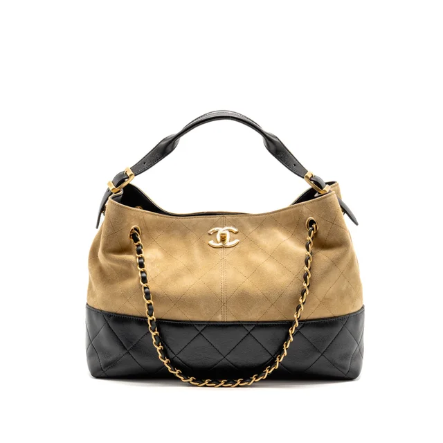 Chanel Small Shopping Bag Suede/Shiny Lambskin Beige/Black GHW (Microchip) in Black Lambskin from EMIER