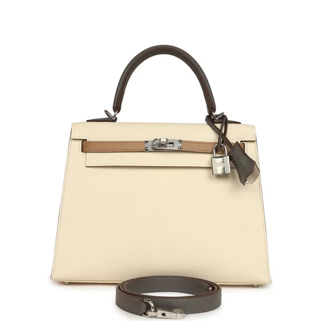 Hermès Kelly Sellier 25 Tri-Color Nata, Chai, Gris Meyer Epsom Palladium Hardware in Grey Epsom leather from Madison Avenue Couture