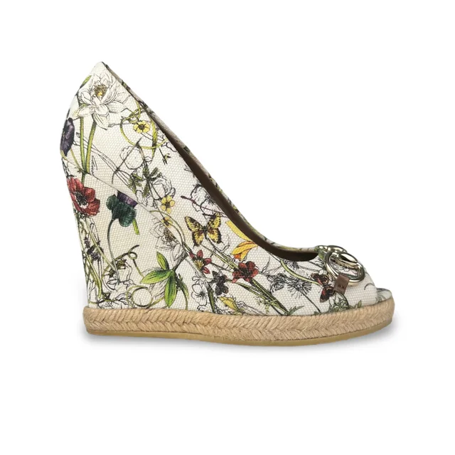 Gucci White Flora Canvas Horsebit Wedges in Floral Canvas from Designer Archives