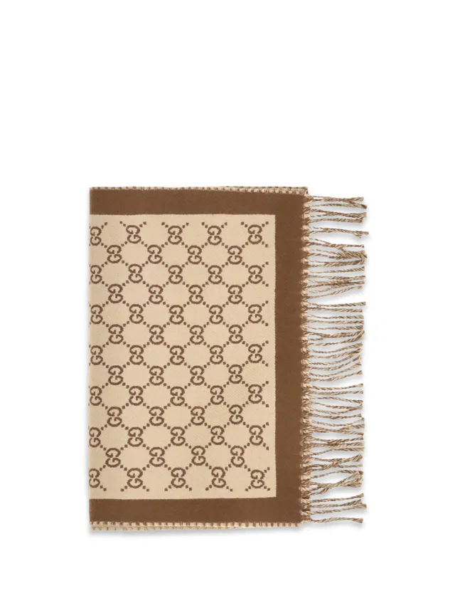 Gucci Gg All-Over Wool Scarf — Camel Merino Ovis Aries Scarfs in Brown Wool from HEWI