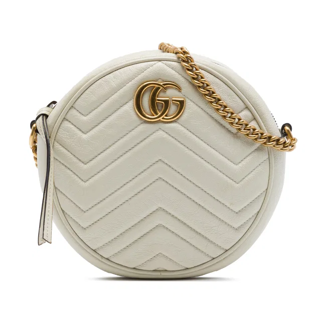 White Gucci Mini GG Marmont Matelasse Calfskin Round Crossbody in White Calfskin from Designer Revival