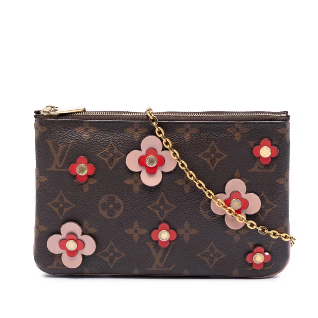 Brown Louis Vuitton Monogram Blooming Flowers Double Zip Pochette Crossbody Bag in Brown Coated canvas from Designer Revival