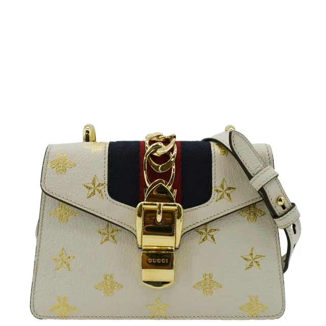 Gucci Sylvie Mini Bee Star Leather Crossbody Bag Off White 470270 in White Leather from Dallas Designer Handbags