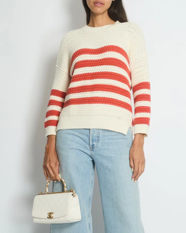 Gucci Cream Crewneck Knit Jumper with Orange Stripes XXS (UK 4) in White from Sellier