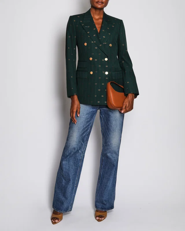 Gucci Green Interlocking GG Tailored Jacket Size IT 38 (UK 6) in Green Silk from Sellier