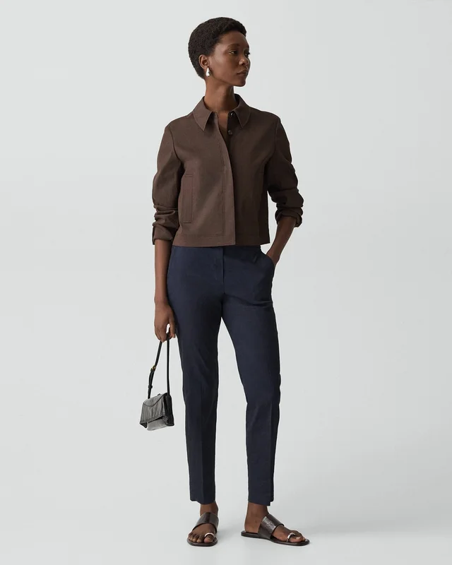 Theory Cropped Shirt Jacket in Good Linen in DARK BROWN, photo 11 of 12 from Theory