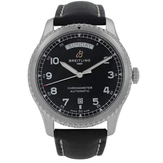 Breitling Aviator 8 Automatic Chronometer Black Dial Mens Watch A45330 in silver|gray|black Leather from Jomashop.com