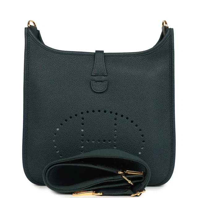 Hermès Evelyne III PM Vert Cypress Clemence Gold Hardware in Green Clemence leather from Madison Avenue Couture