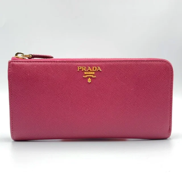 Prada Saffiano Leather L-shaped Zipper Pink Wallet Gold in Pink Saffiano leather from The Reluxe