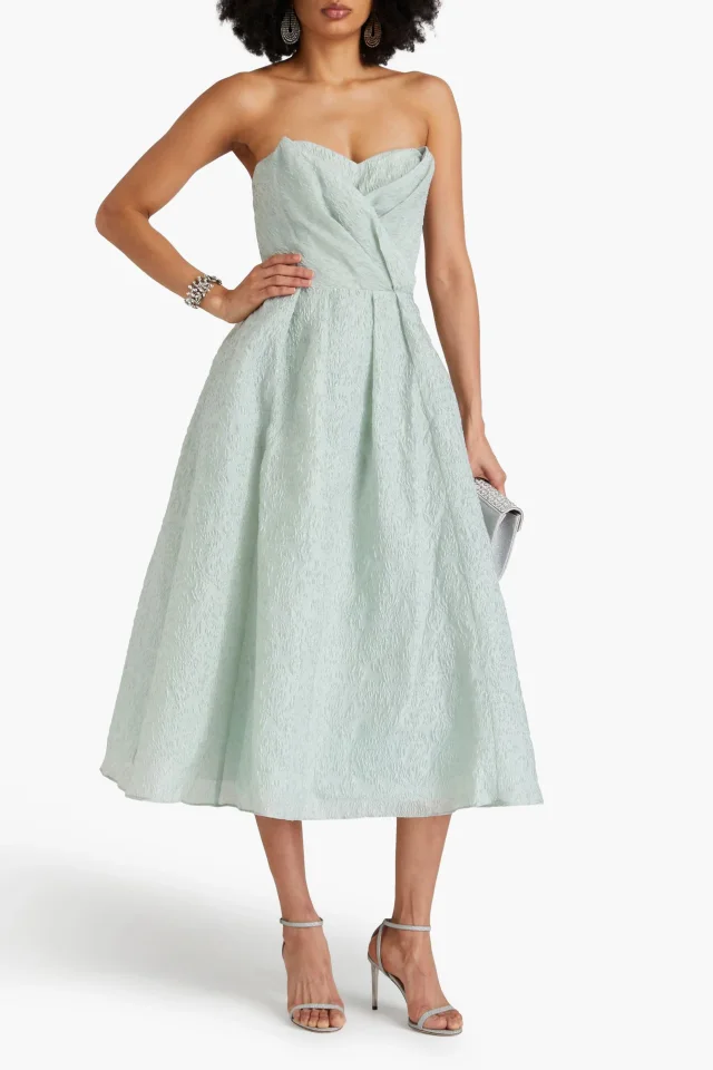 Marchesa Notte Strapless Pleated Cloqué Midi Dress, photo 2 of 4 from THE OUTNET