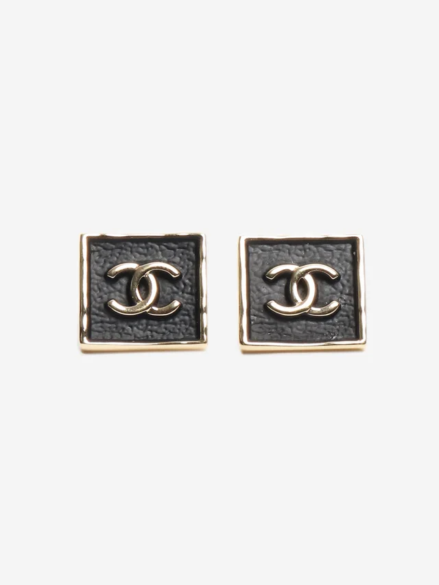 Chanel Black leather square CC studs in Black Leather from Sign of the Times