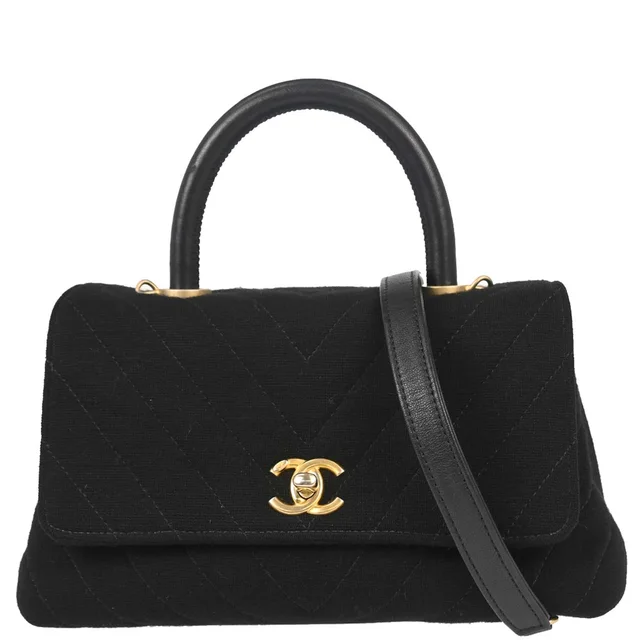 Chanel 2019 Black Cotton Chevron Coco Handle 2way Shoulder Handbag in Black from AMORE Vintage Tokyo