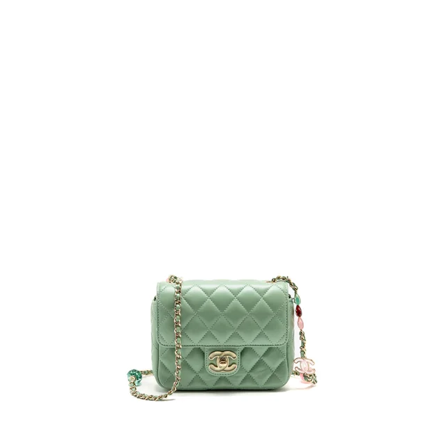 Chanel square flap bag candy heart quilted lambskin light green LGHW (microchip) in Green Lambskin from EMIER