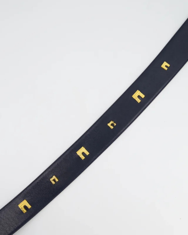 Celine 70cm Navy Blue Vintage Belt with Gold Arc de Triomphe Detailing in Navy Leather from Sellier, photo 5 of 6