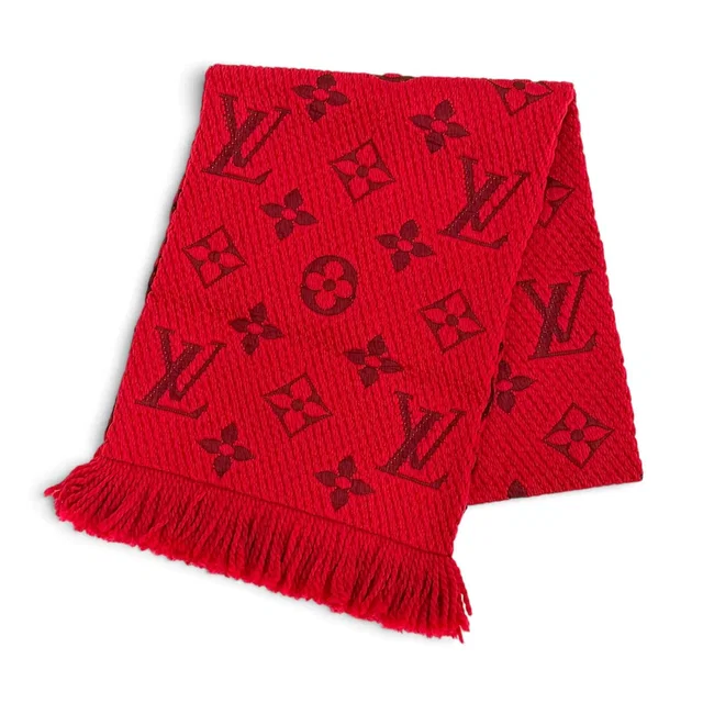 Louis Vuitton Logomania Scarf Wool Silk Ruby Monogram Fringe in Silk from The Reluxe