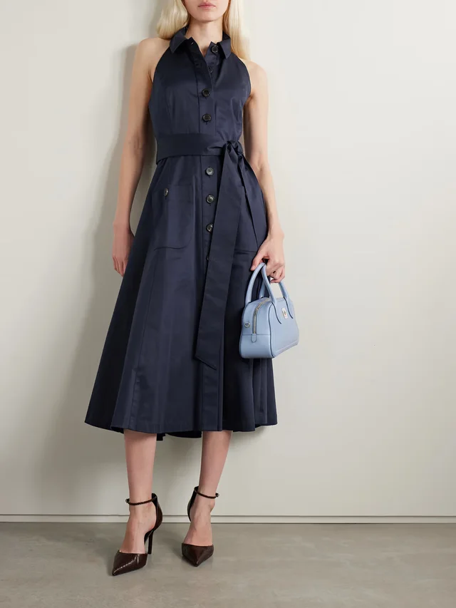 CAROLINA HERRERA Belted cotton-blend sateen halterneck midi shirt dress in Blue, photo 2 of 2 from NET-A-PORTER (Canada)