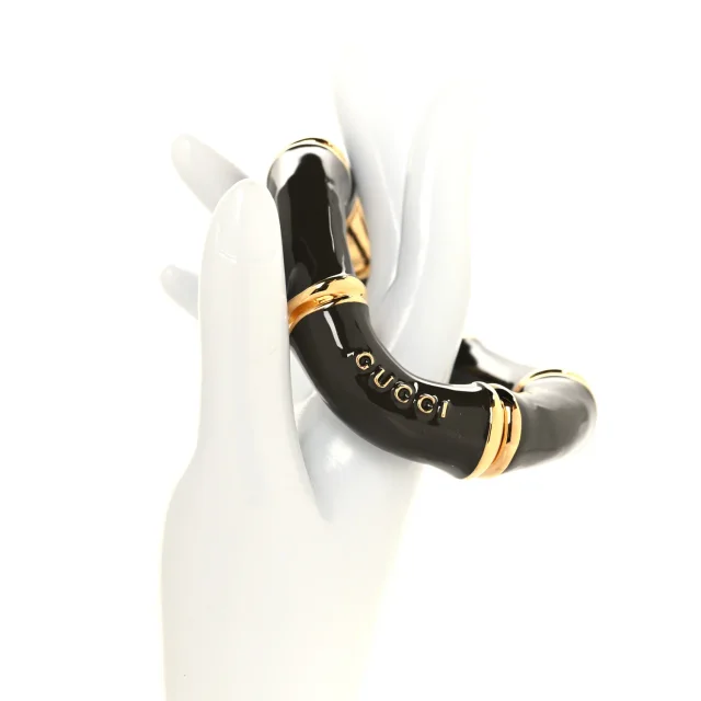 Gucci Brass Enamel Bamboo Cuff Bracelet Gold Grey in Grey from FASHIONPHILE, photo 2 of 4