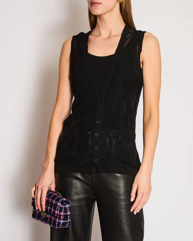 Black Vintage Coco Chanel Print Crochet V-Neck Sleeveless Cardigan Size FR 38 (UK 14) in Black from Sellier