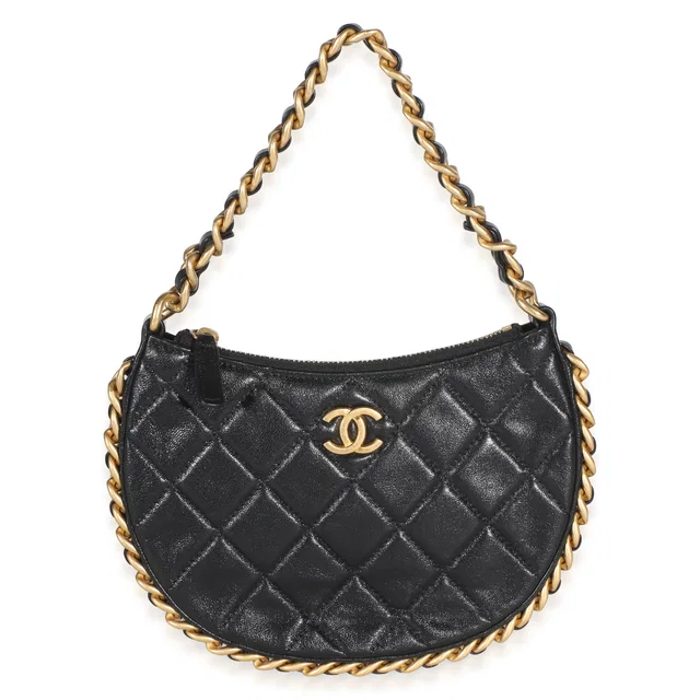 Chanel Black Shiny Quilted Lambskin Mini CC Chain Around Hobo in Black Lambskin from myGemma