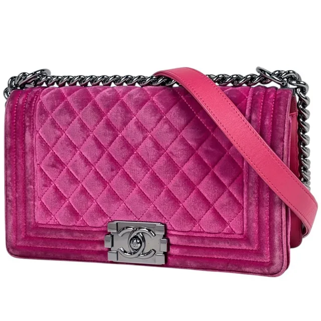 Chanel Shoulder Bag Boy CC Logo Velvet Pink in Pink Velvet from The Reluxe