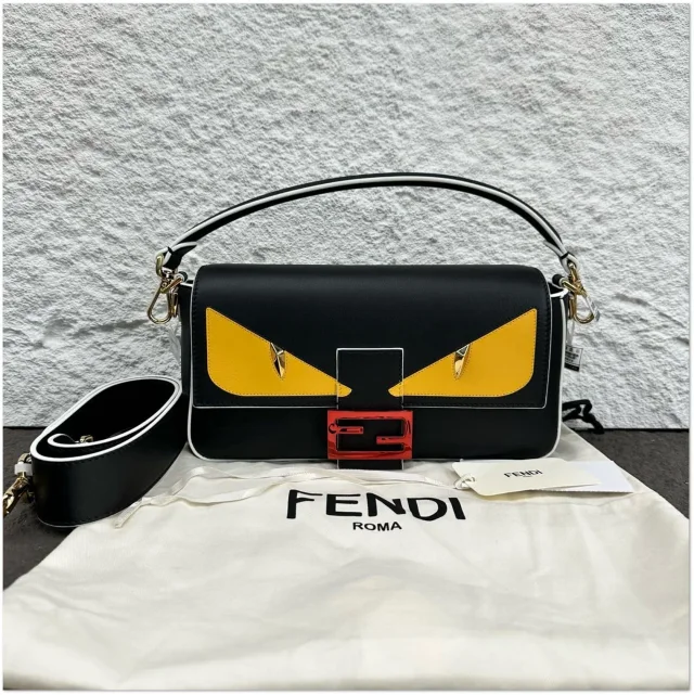 Fendi Black Leather Monster Eyes Baguette Shoulder Bag in Black Leather from Luxury Promise