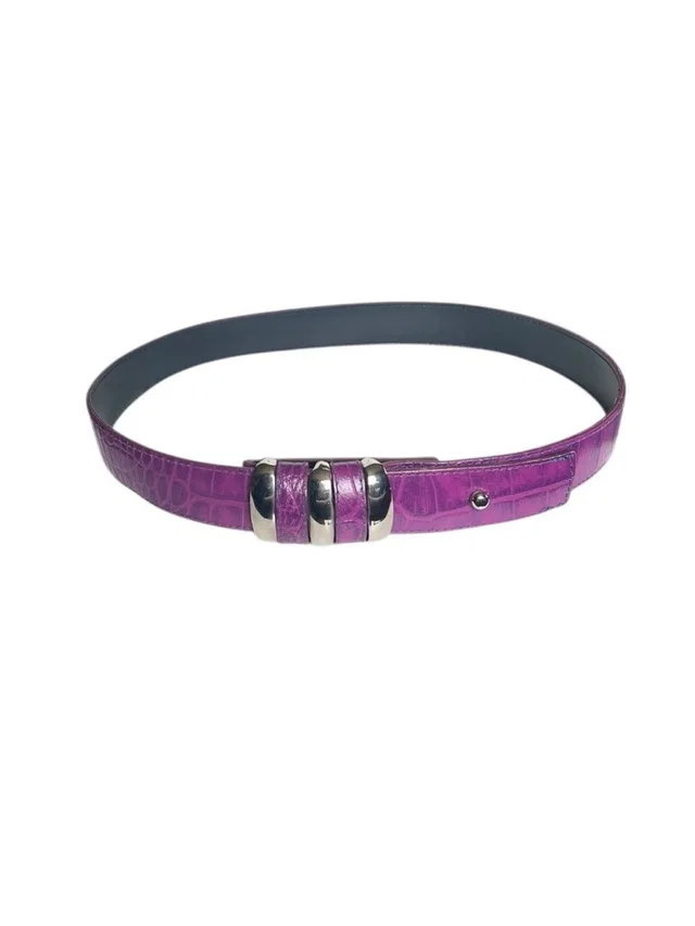 Omega Medium Purple Reptile Thin Leather Belt Statement Silver Buckle Hardware in gold|purple Leather from Poshmark
